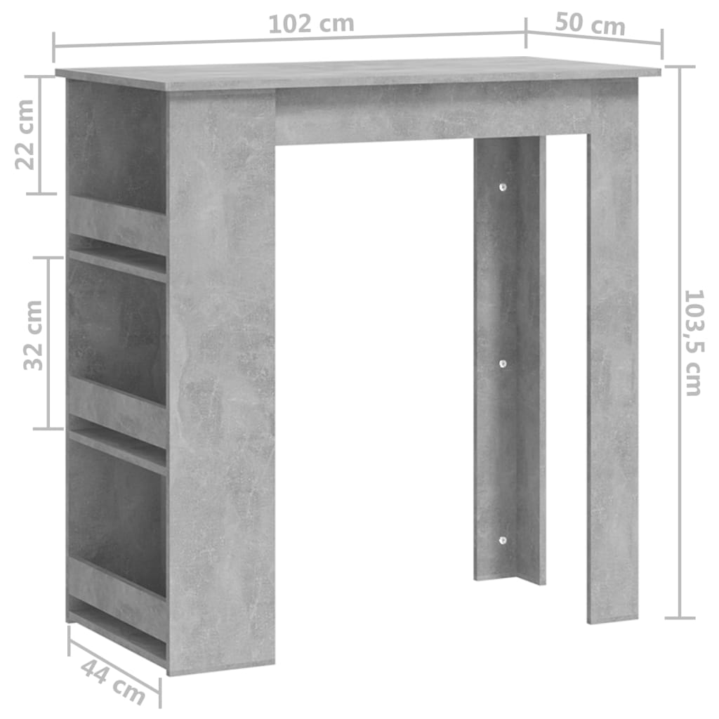 betonszürke bárasztal tárolópolccal 102 x 50 x 103,5 cm