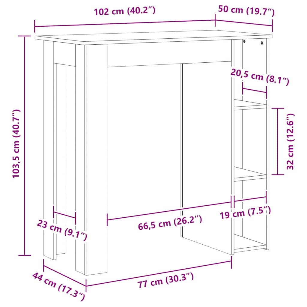 szürke sonoma szerelt fa bárasztal polccal 102 x 50 x 103,5 cm