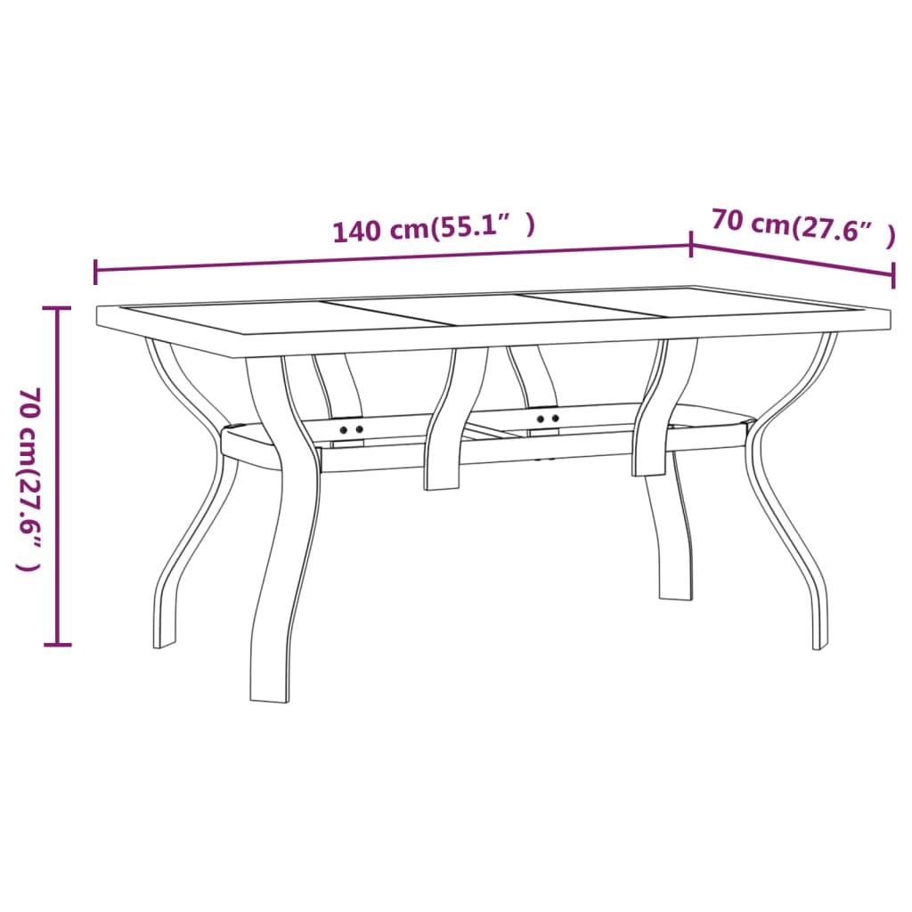 barna és fekete acél és üveg kerti asztal 140x70x70 cm