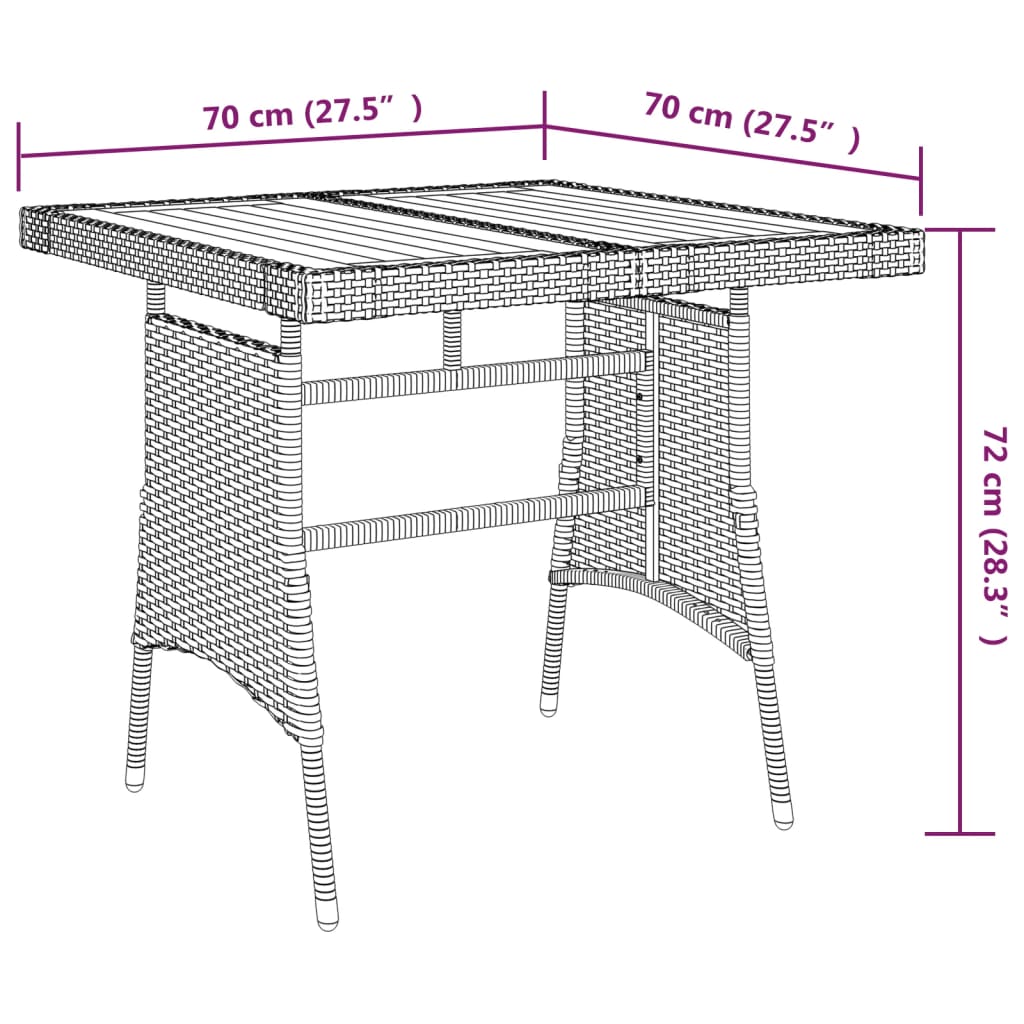 fekete polyrattan és tömör akácfa kerti asztal 70 x 70 x 72 cm