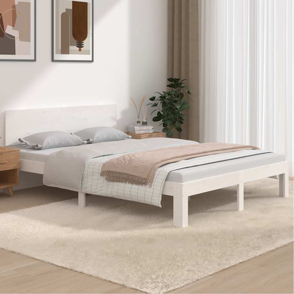 King Size fehér tömör fa ágykeret 150 x 200 cm