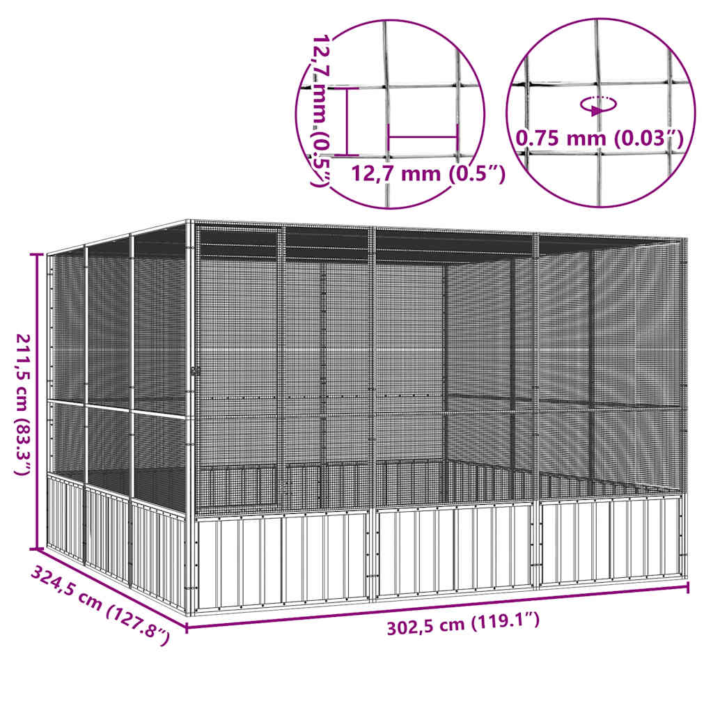 antracitszürke horganyzott acél madárketrec 302,5x324,5x211,5cm