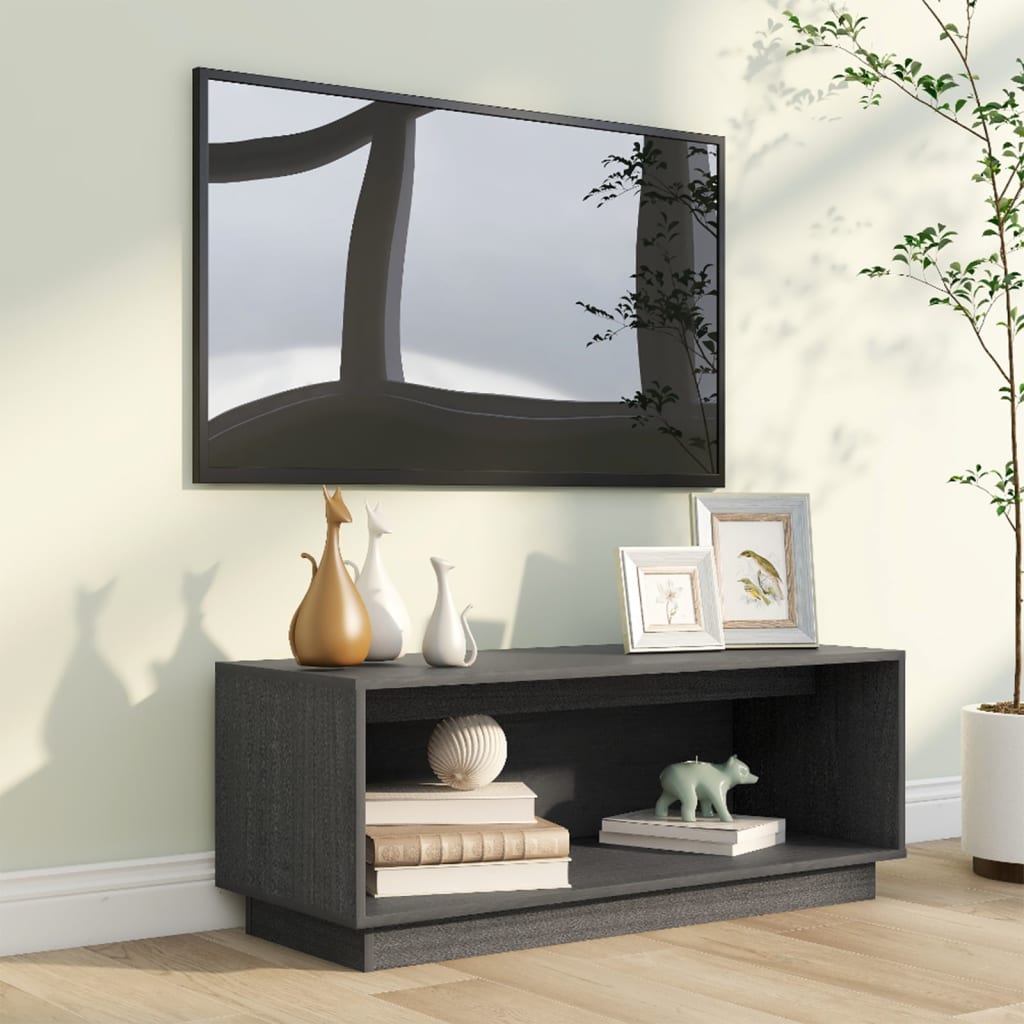 szürke tömör fenyőfa TV-szekrény 90 x 35 x 35 cm