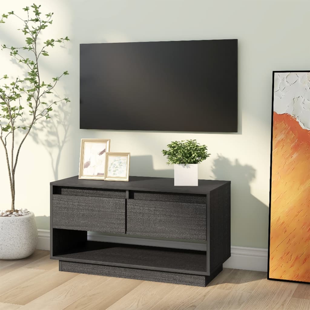 szürke tömör fenyőfa TV-szekrény 74x34x40 cm