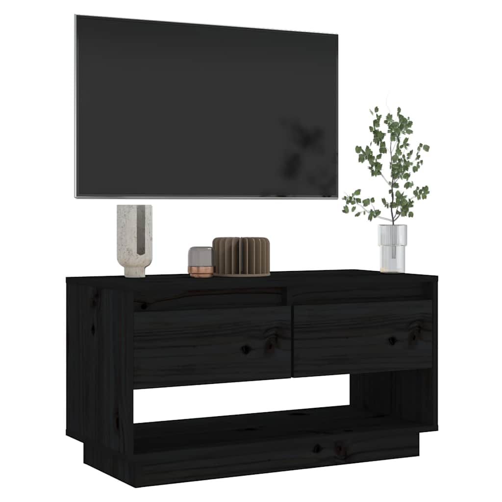 fekete tömör fenyőfa TV-szekrény 74x34x40 cm