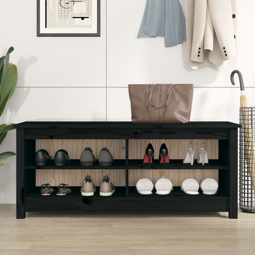 fekete tömör fenyőfa cipőtároló pad 110 x 38 x 45,5 cm