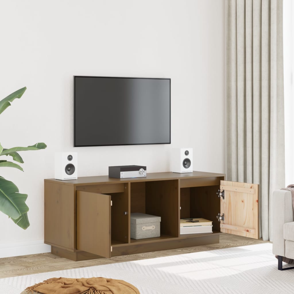mézbarna tömör fenyőfa TV-szekrény 110,5x35x44 cm