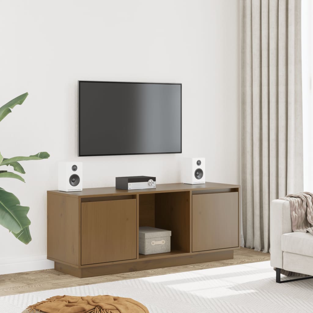 mézbarna tömör fenyőfa TV-szekrény 110,5x35x44 cm