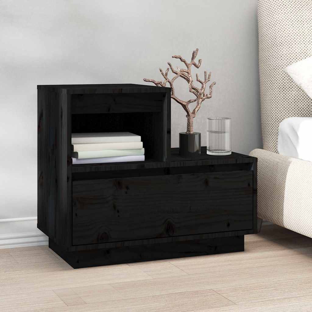 2 db fekete tömör fenyőfa éjjeliszekrény 60 x 34 x 51 cm