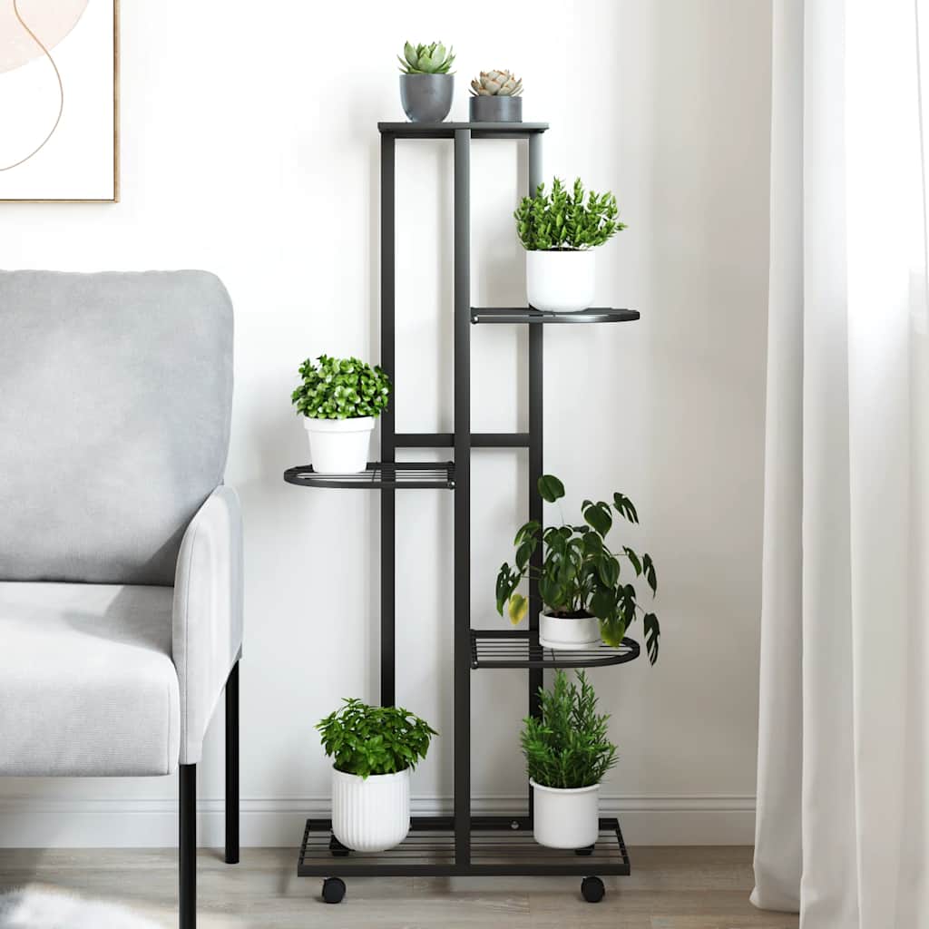 5-szintes fekete vas virágtartó állvány kerekekkel 44x23x100 cm