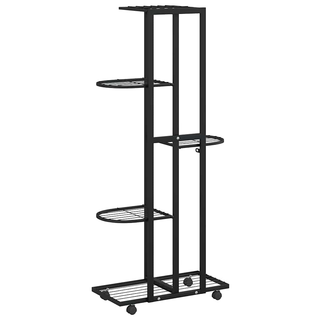 5-szintes fekete vas virágtartó állvány kerekekkel 44x23x100 cm