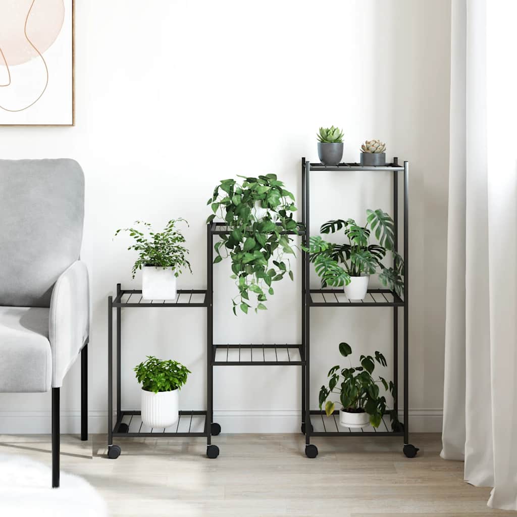 fekete vas virágtartó állvány kerekekkel 83 x 25 x 83,5 cm