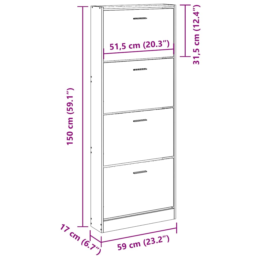 betonszürke szerelt fa cipőszekrény 59x17x150 cm