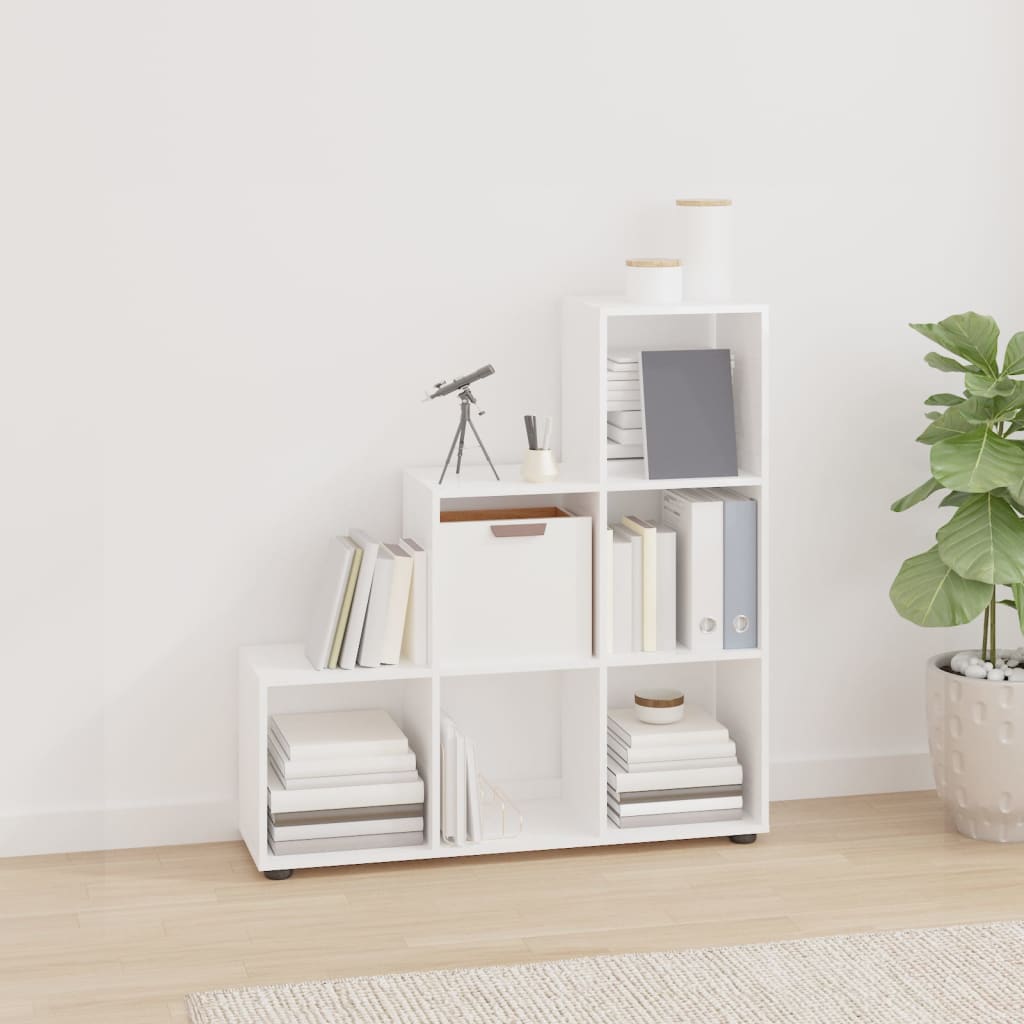magasfényű fehér szerelt fa lépcsős könyvespolc 142 cm