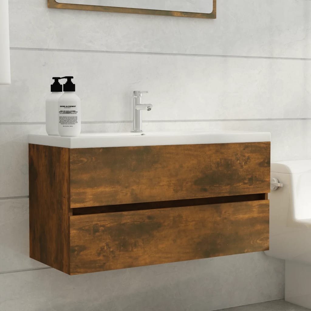 füstös tölgy színű szerelt fa mosdószekrény 90 x 38,5 x 45 cm