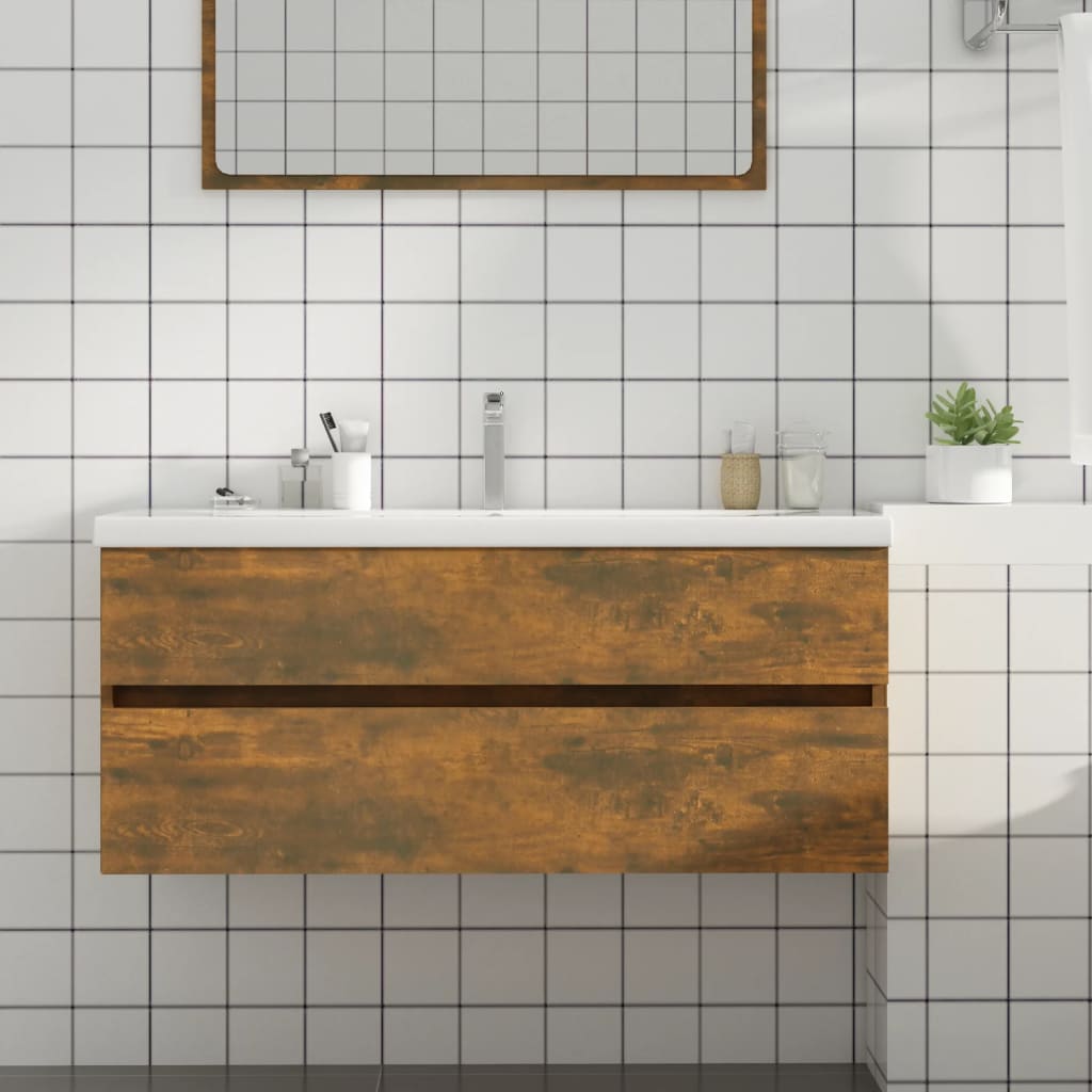 füstös tölgy színű szerelt fa mosdószekrény 100 x 38,5 x 45 cm