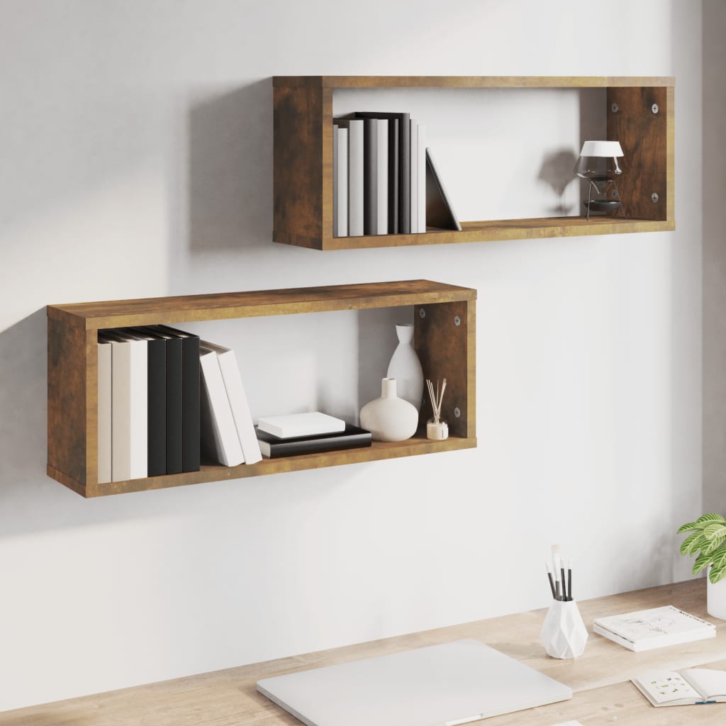 2 db füstös tölgy színű szerelt fa fali kockapolc 60x15x23 cm