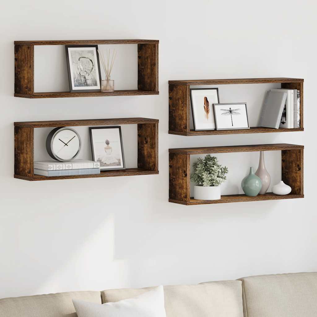 4 db füstös tölgy színű szerelt fa fali kockapolc 60x15x23 cm