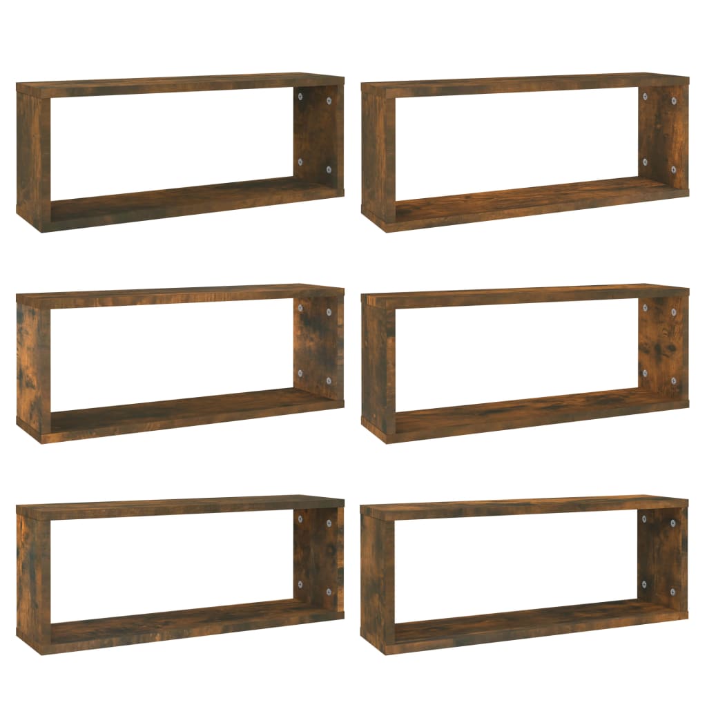 6 db füstös tölgy színű szerelt fa fali kockapolc 60x15x23 cm