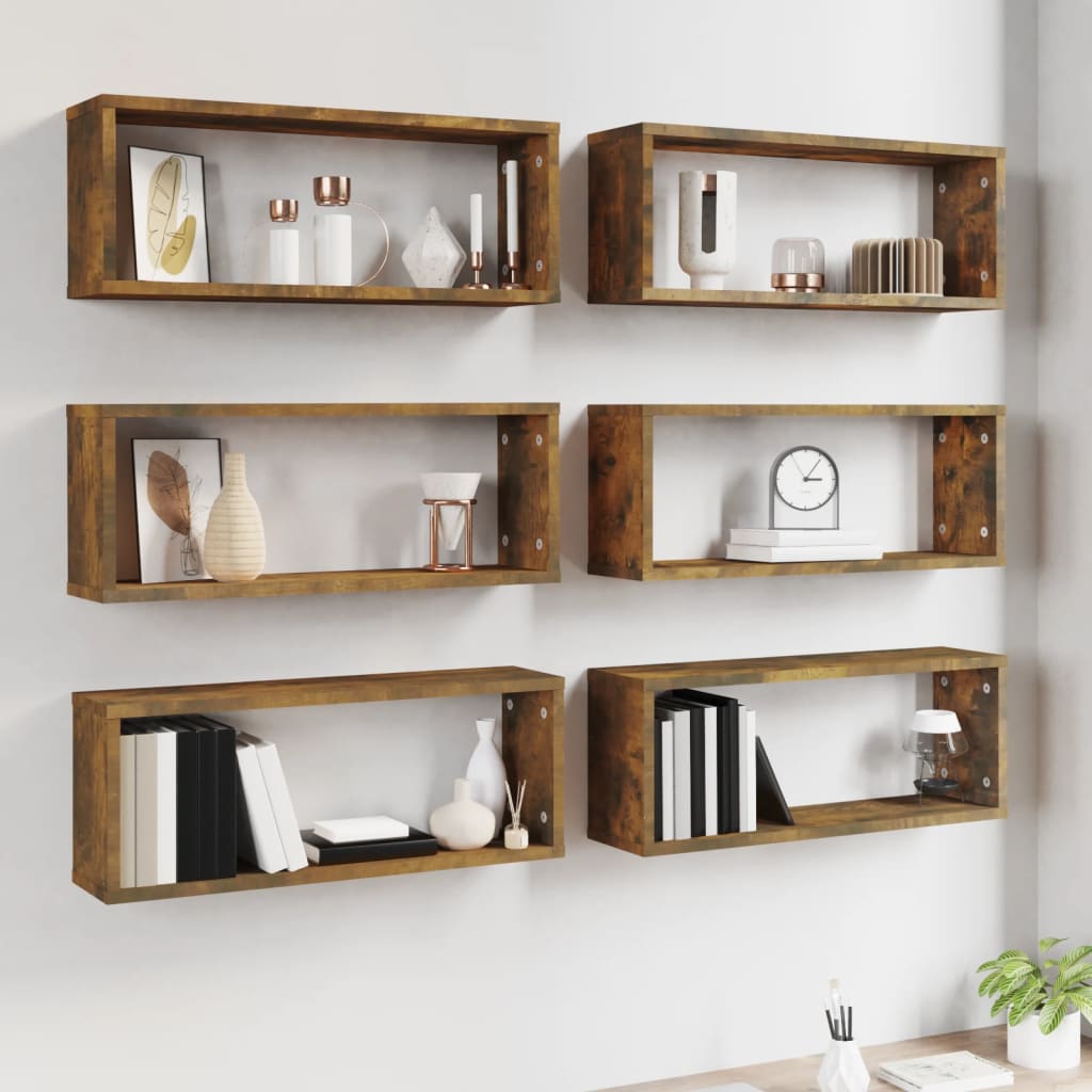 6 db füstös tölgy színű szerelt fa fali kockapolc 60x15x23 cm