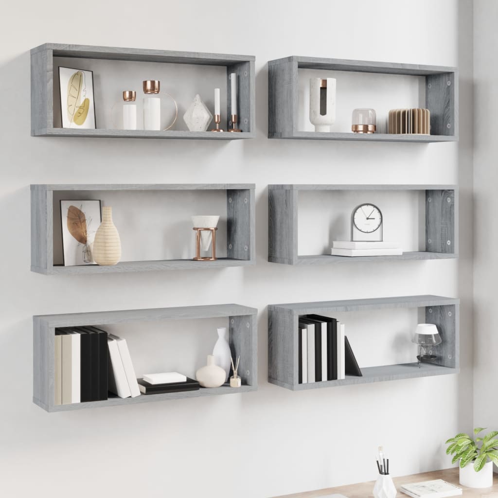 6 db szürke sonoma színű szerelt fa fali kockapolc 60x15x23 cm