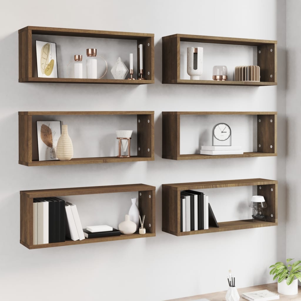 6 db barna tölgy színű szerelt fa fali kockapolc 60x15x23 cm