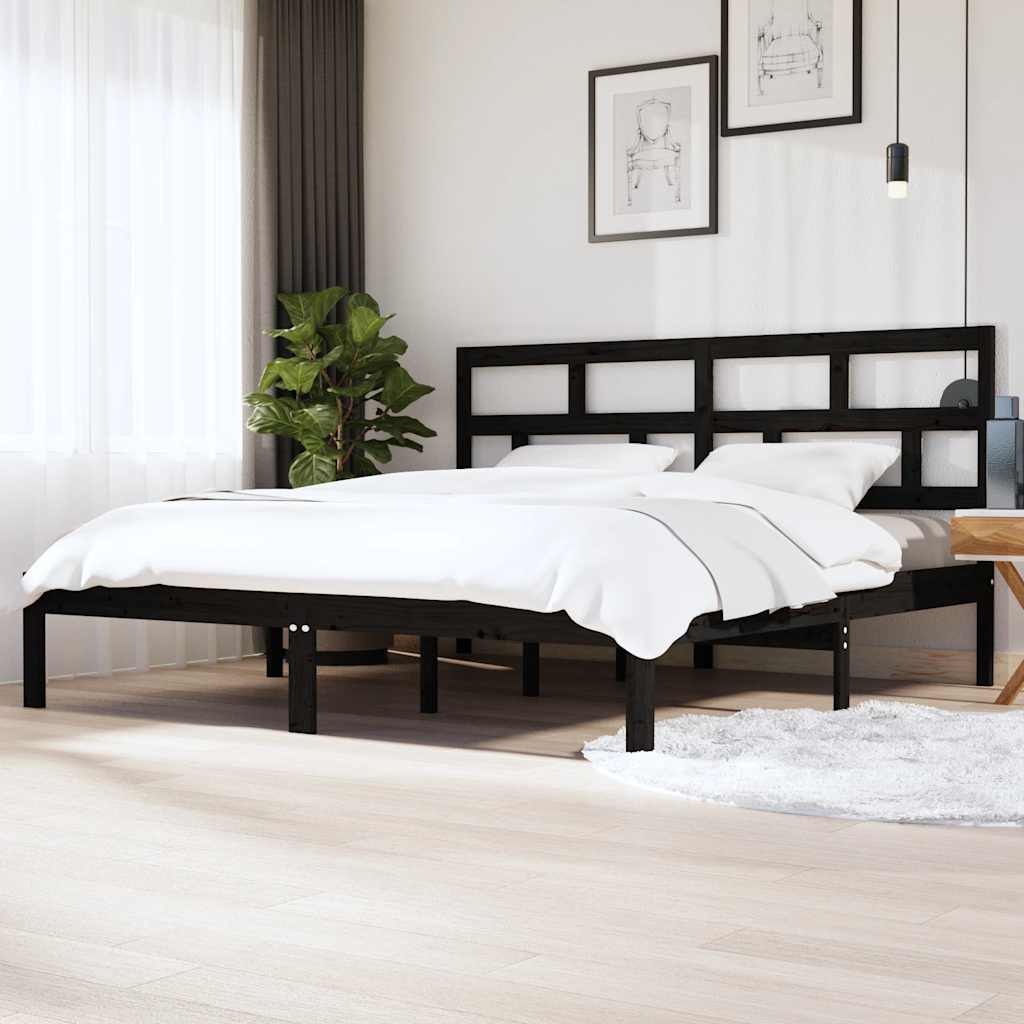 fekete tömör fenyőfa ágykeret 200 x 200 cm