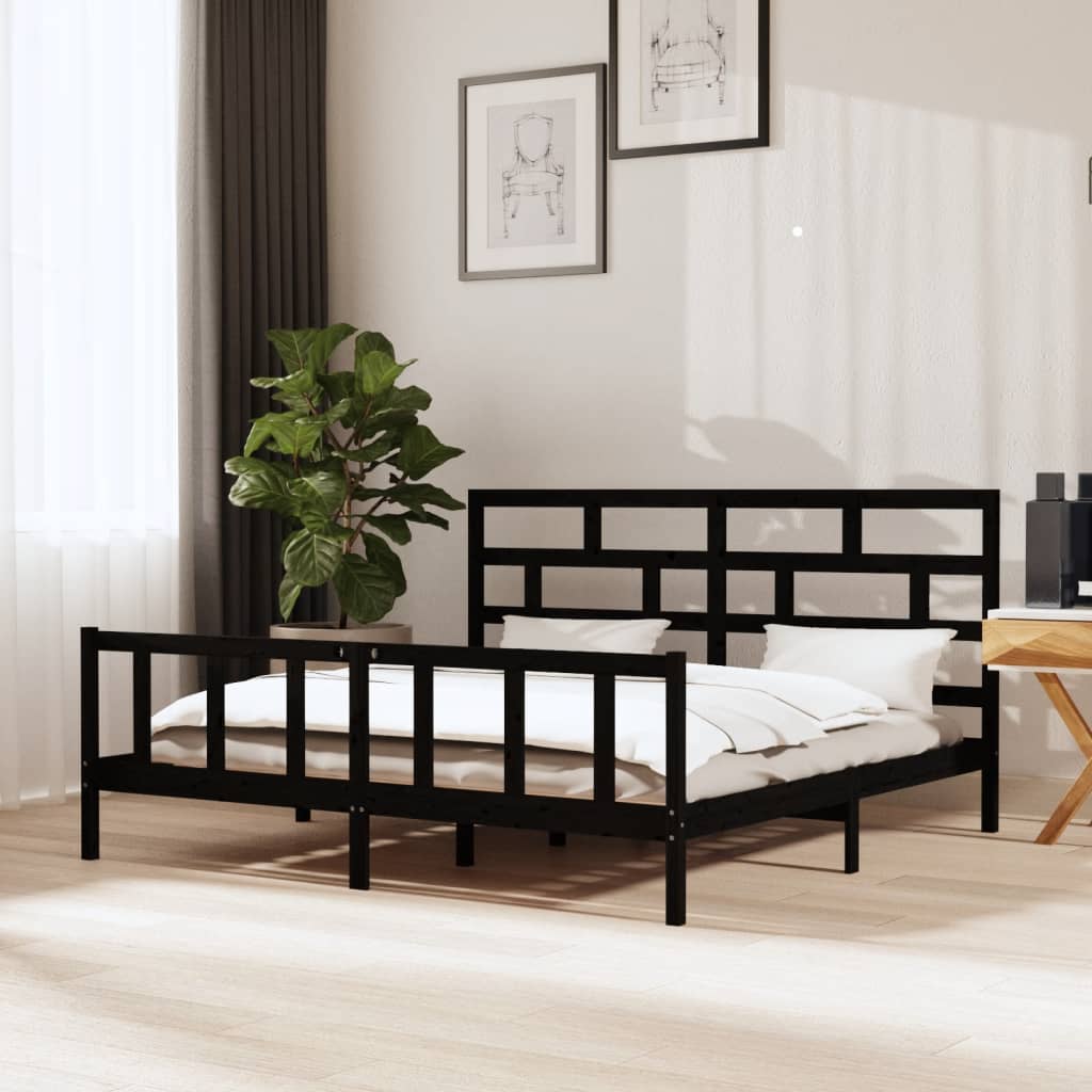 fekete tömör fenyőfa ágykeret 200 x 200 cm