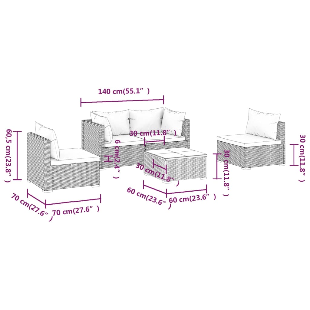 5 részes barna polyrattan kerti ülőgarnitúra párnákkal