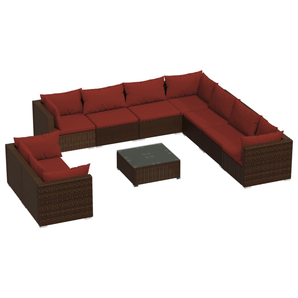 10 részes barna polyrattan kerti bútorszett párnákkal