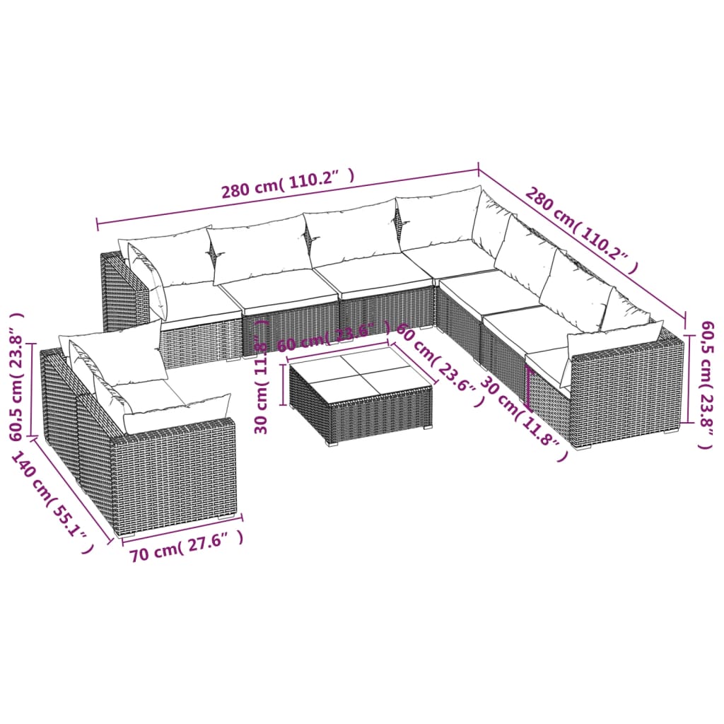 10 részes barna polyrattan kerti bútorszett párnákkal