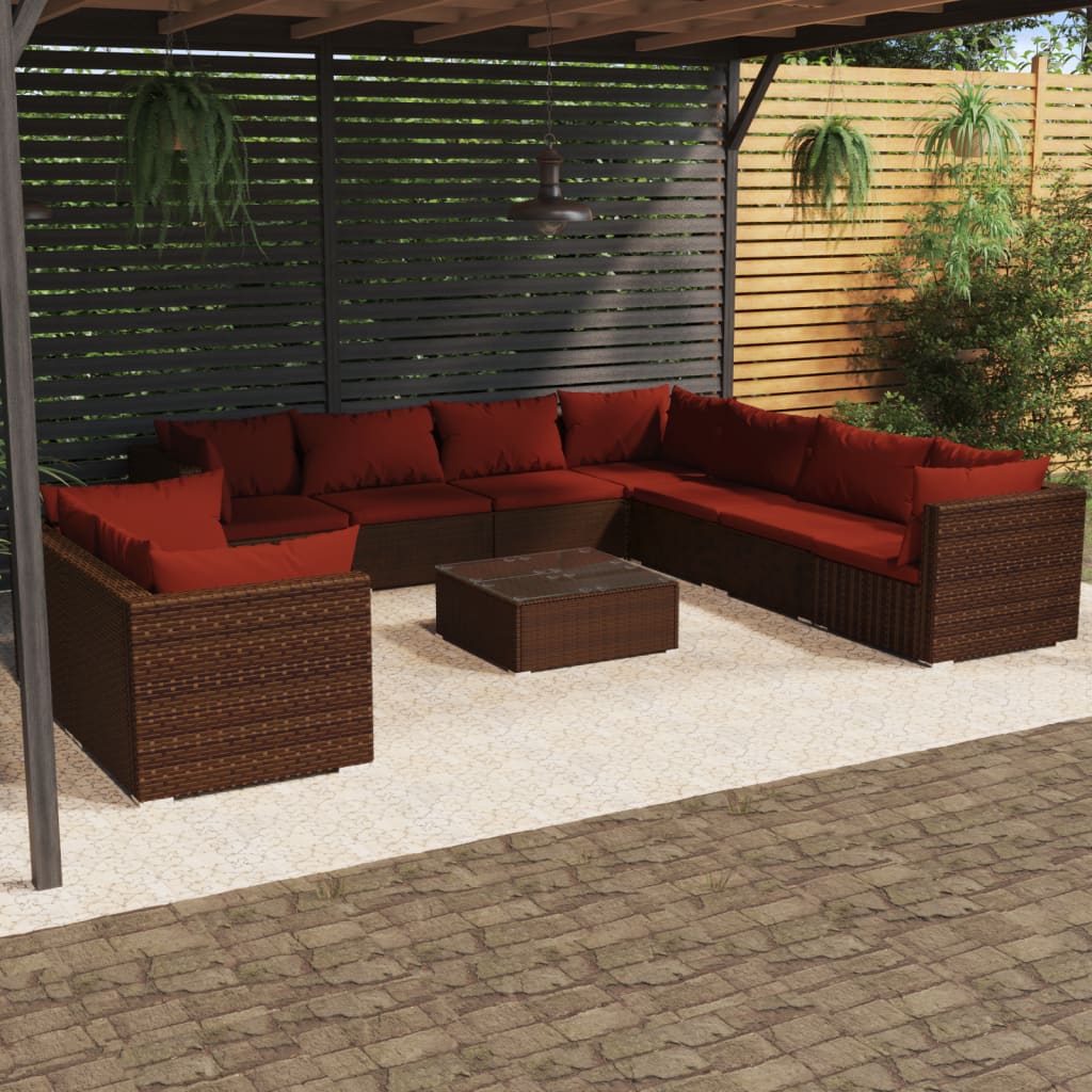 10 részes barna polyrattan kerti bútorszett párnákkal