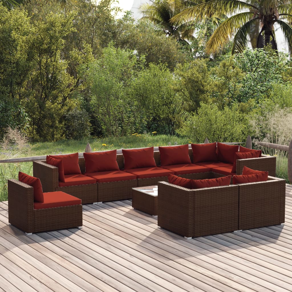 10 részes barna polyrattan kerti bútorszett párnákkal