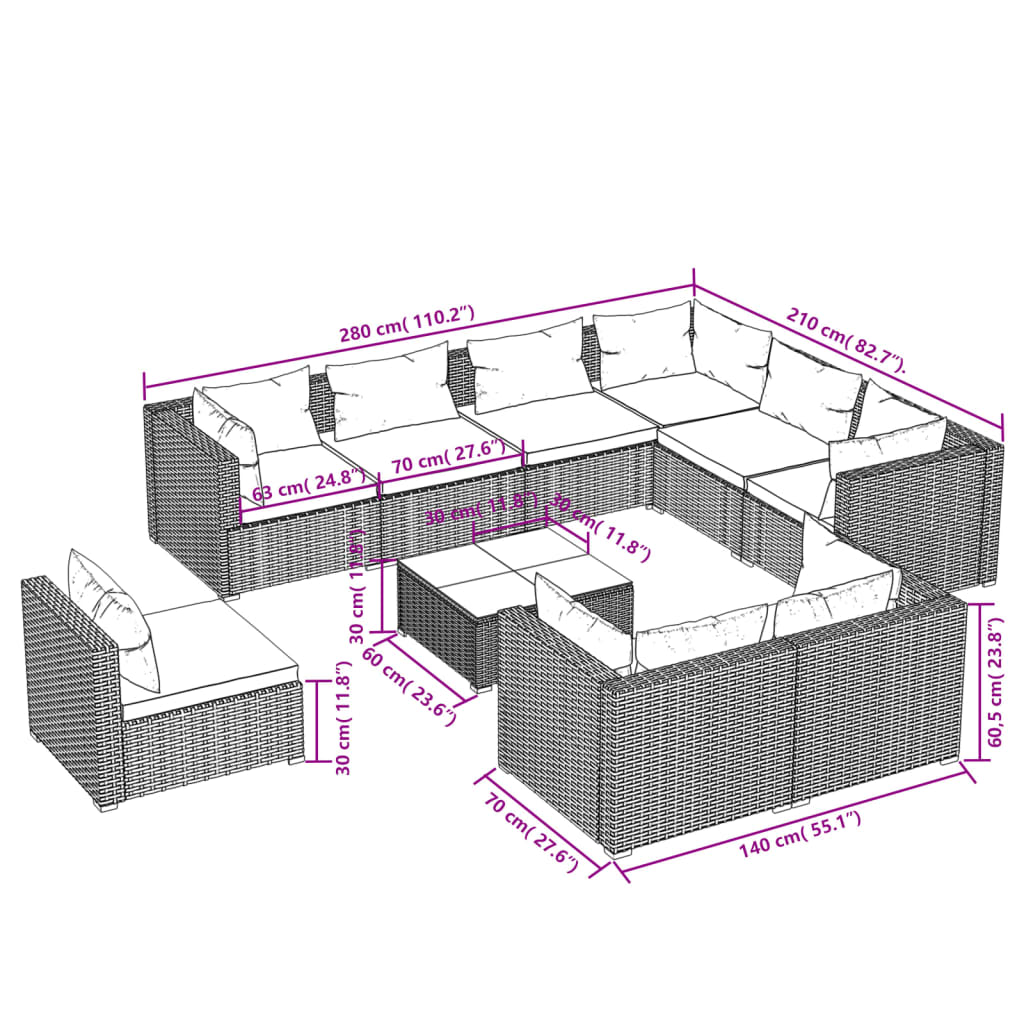 10 részes barna polyrattan kerti bútorszett párnákkal