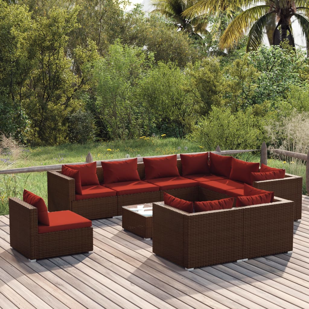 10 részes barna polyrattan kerti bútorszett párnákkal