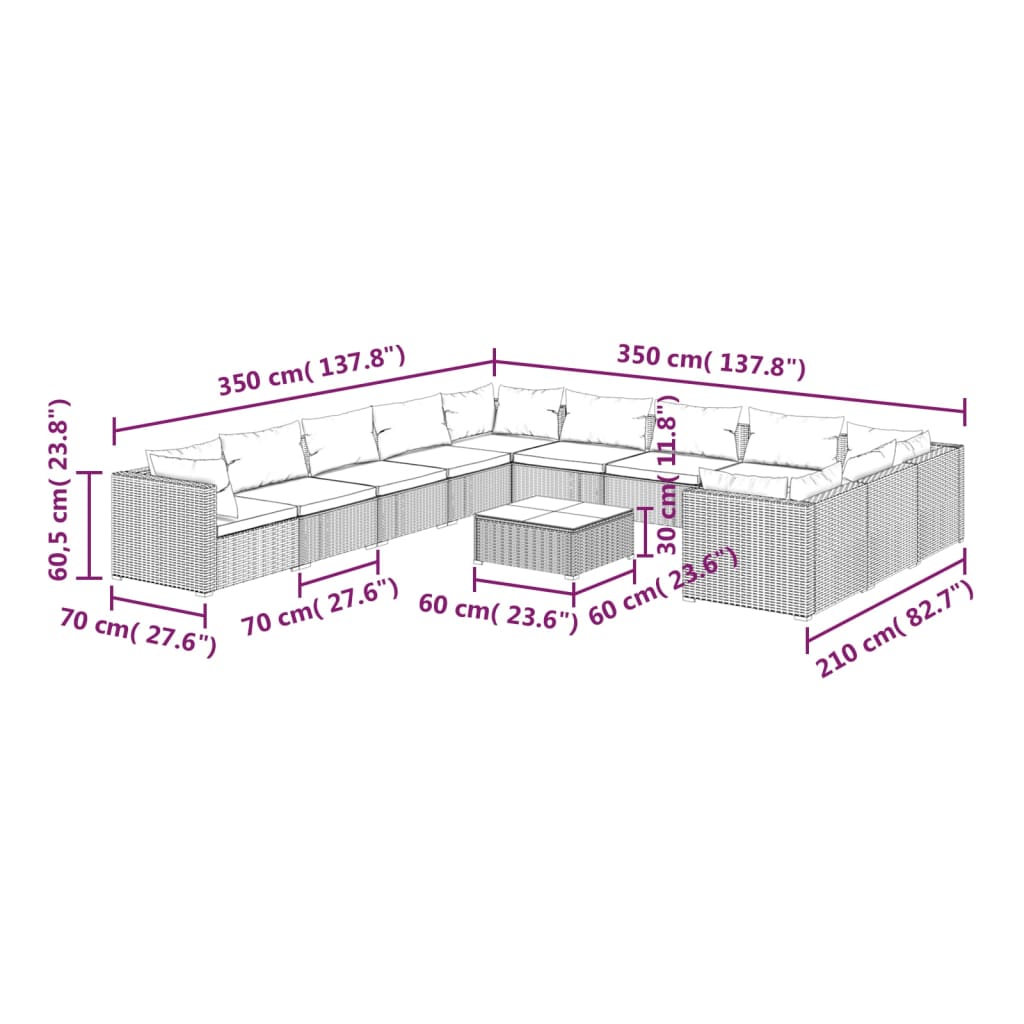 12 részes barna polyrattan kerti ülőgarnitúra párnákkal