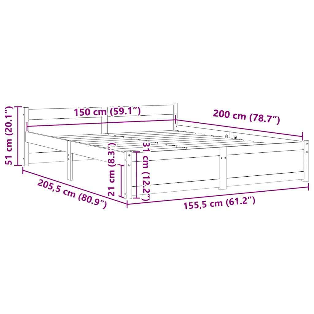 King Size fekete tömör fa ágykeret 150 x 200 cm