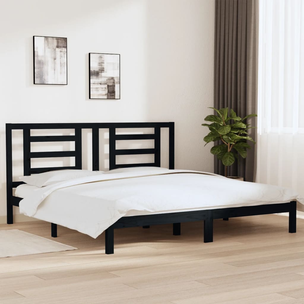 fekete tömör fenyőfa ágykeret 200 x 200 cm