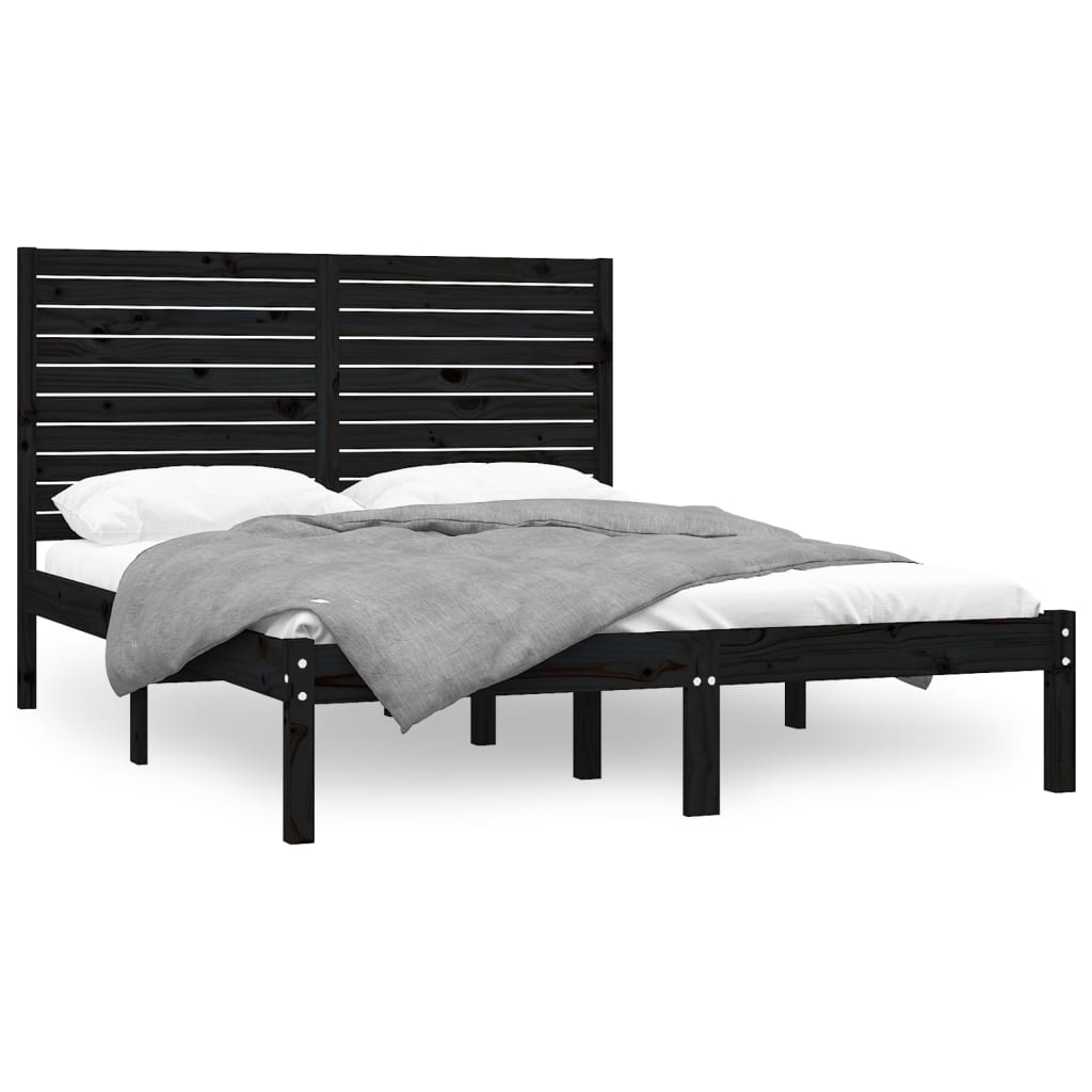King Size fekete tömör fa ágykeret 150 x 200 cm