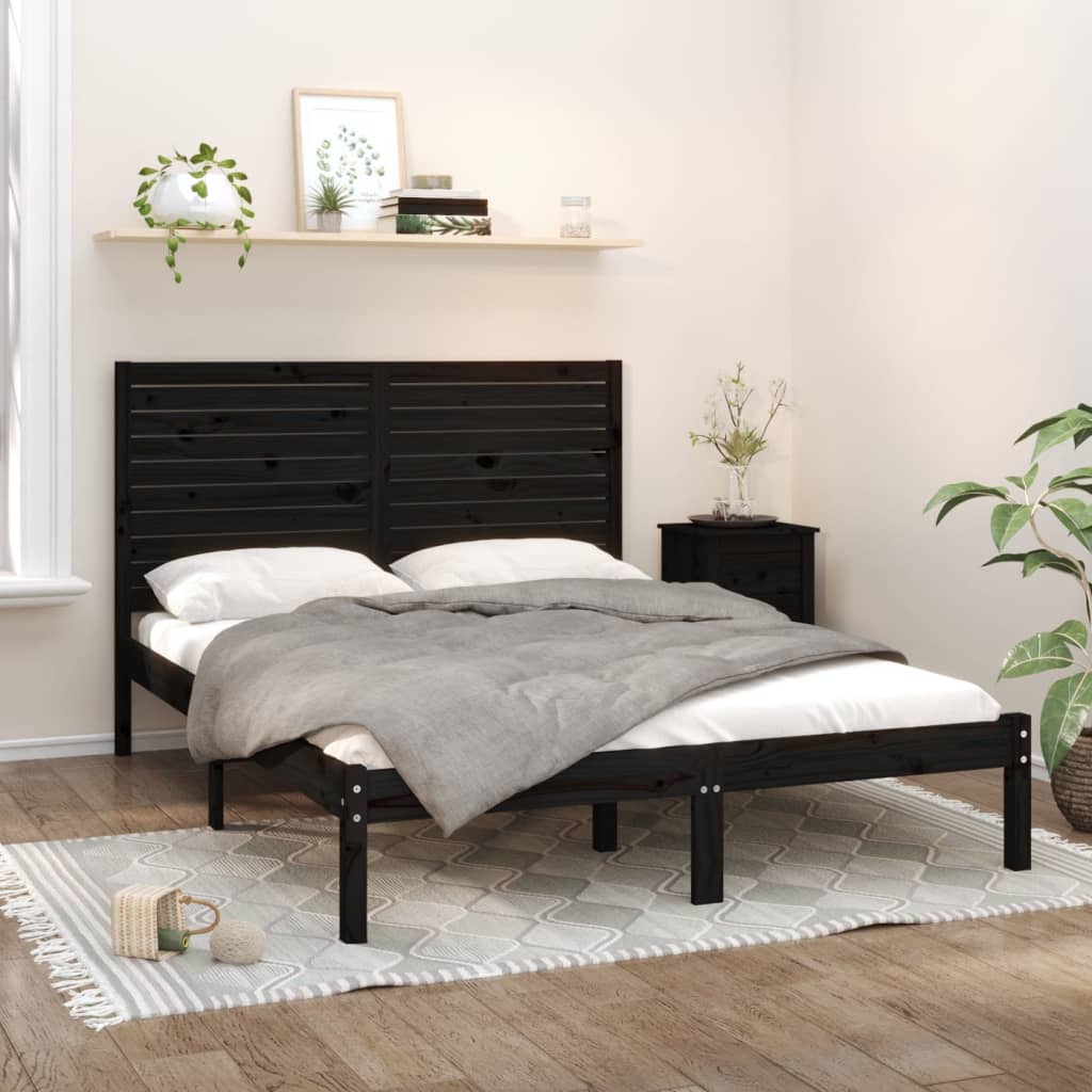 King Size fekete tömör fa ágykeret 150 x 200 cm