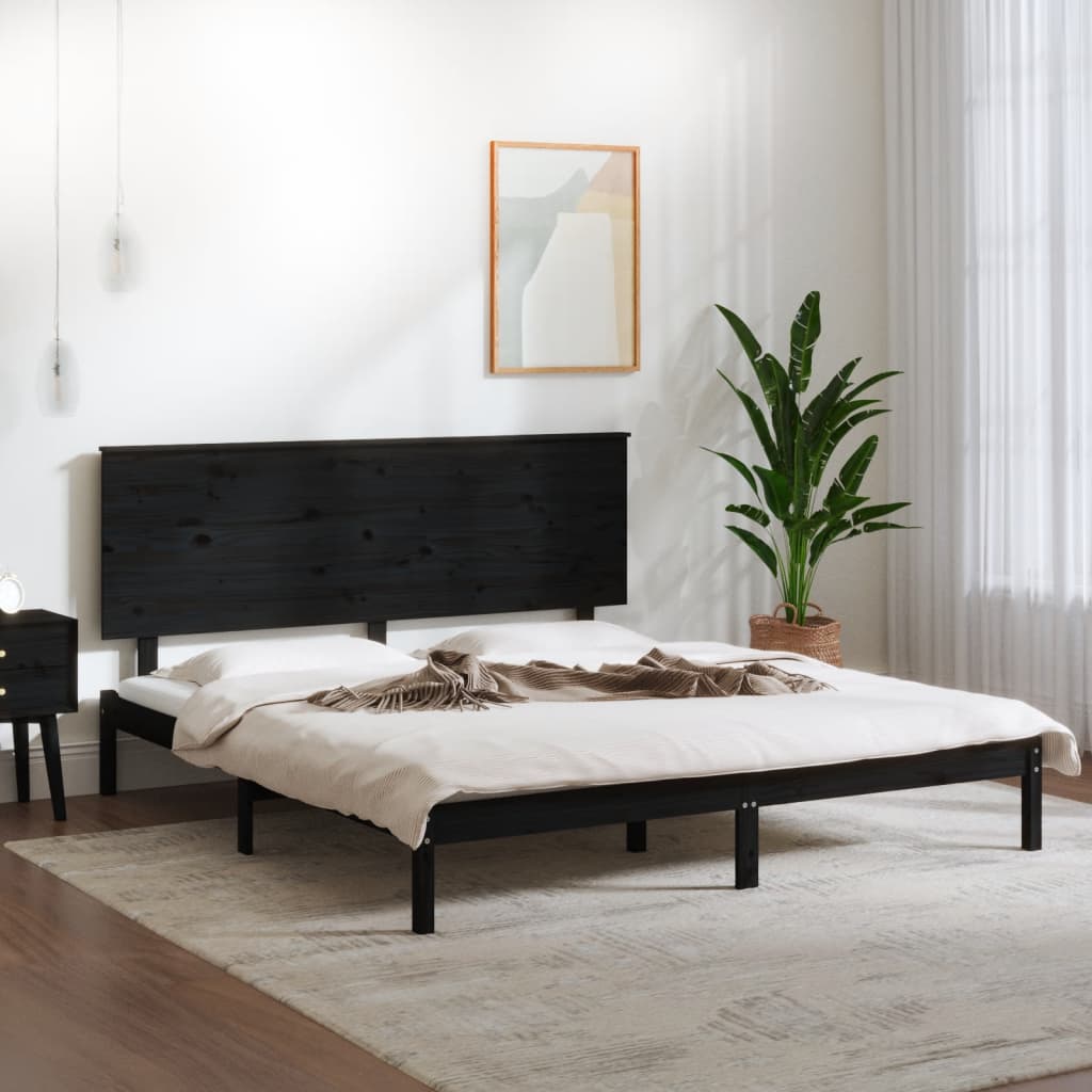 fekete tömör fenyőfa ágykeret 200 x 200 cm