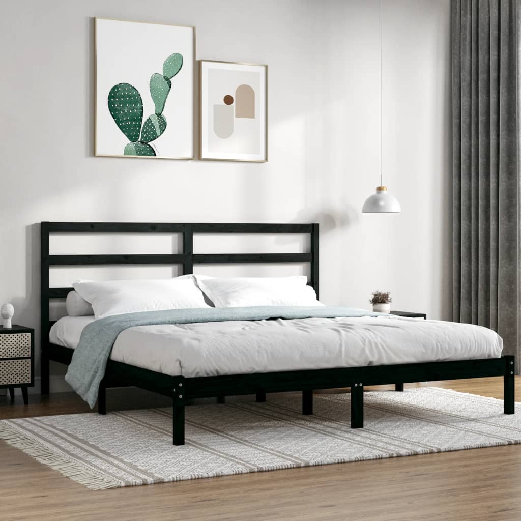 fekete tömör fenyőfa ágykeret 200 x 200 cm