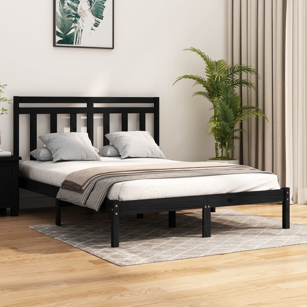 King Size fekete tömör fa ágykeret 150 x 200 cm