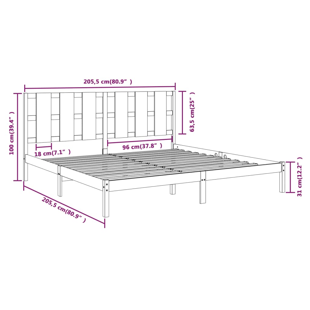 fekete tömör fenyőfa ágykeret 200 x 200 cm