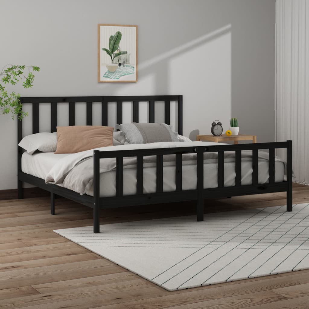 fekete tömör fenyőfa ágykeret 200x200 cm