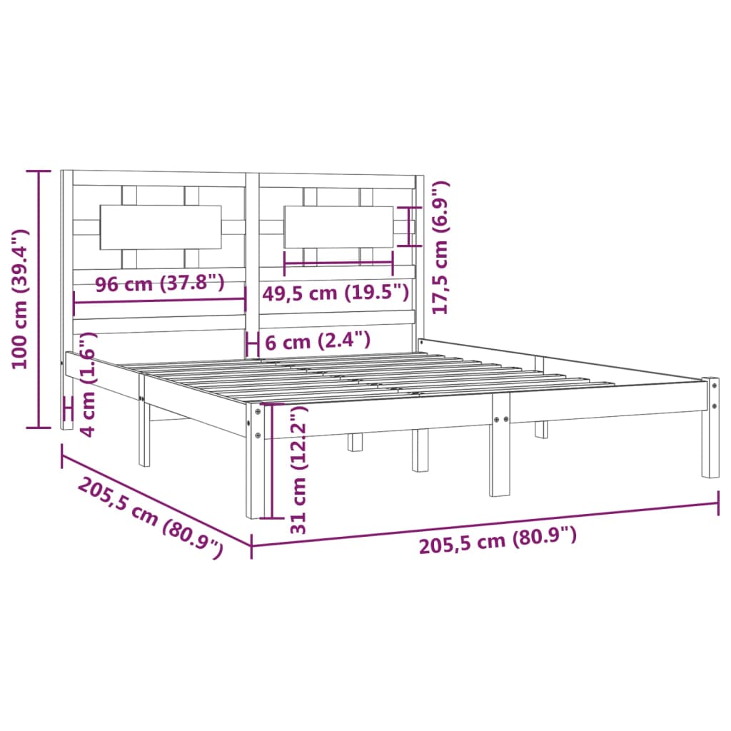 fekete tömör fenyőfa ágykeret 200 x 200 cm