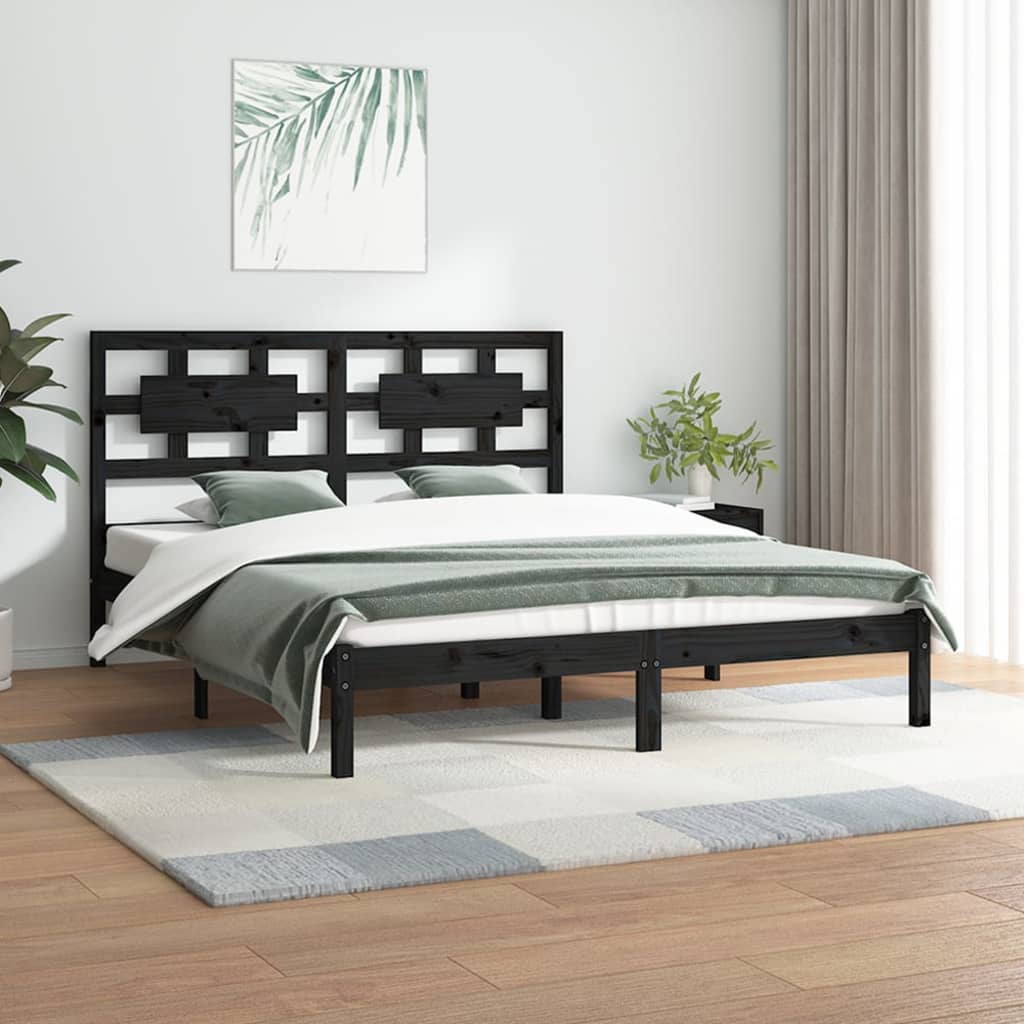 fekete tömör fenyőfa ágykeret 200 x 200 cm