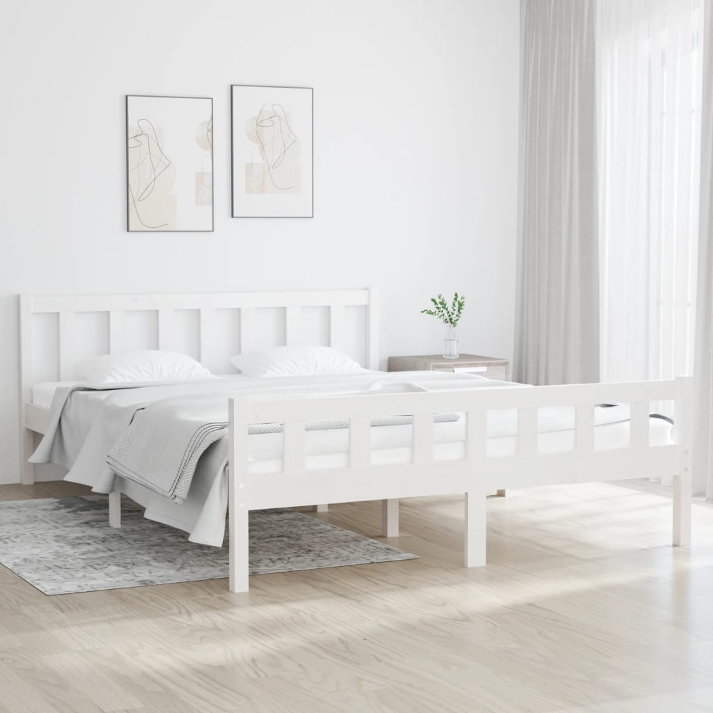 King Size fehér tömör fa ágykeret 150 x 200 cm