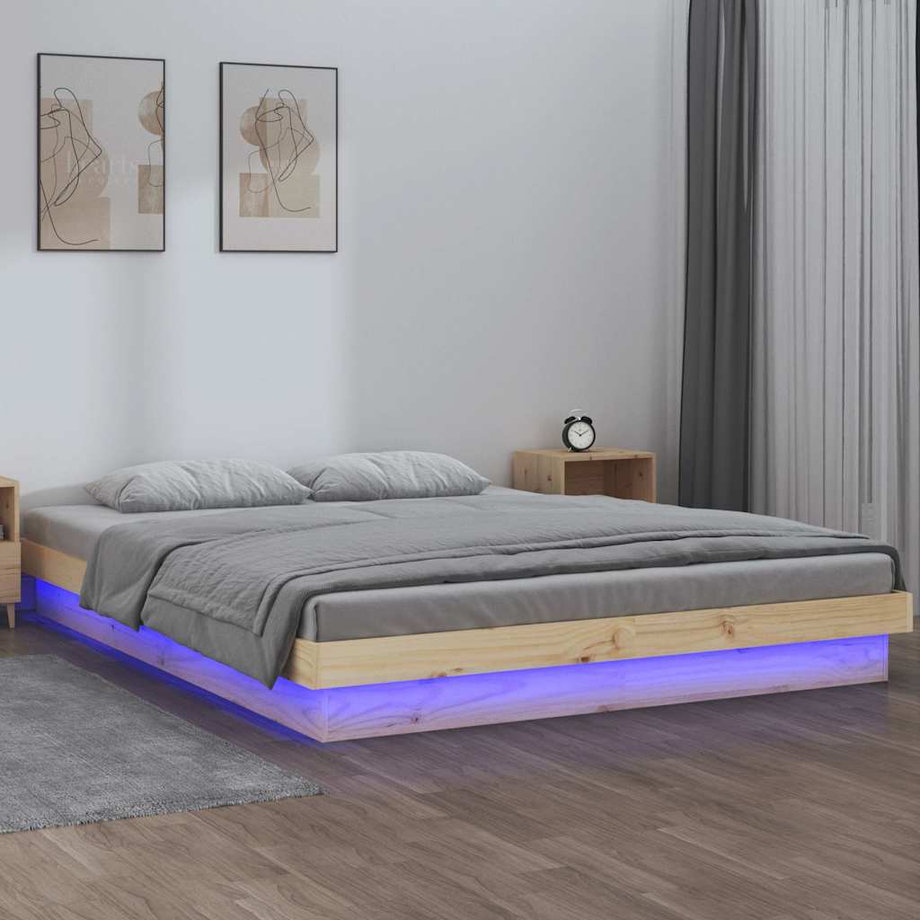 King Size tömör fa LED-es ágykeret 150 x 200 cm