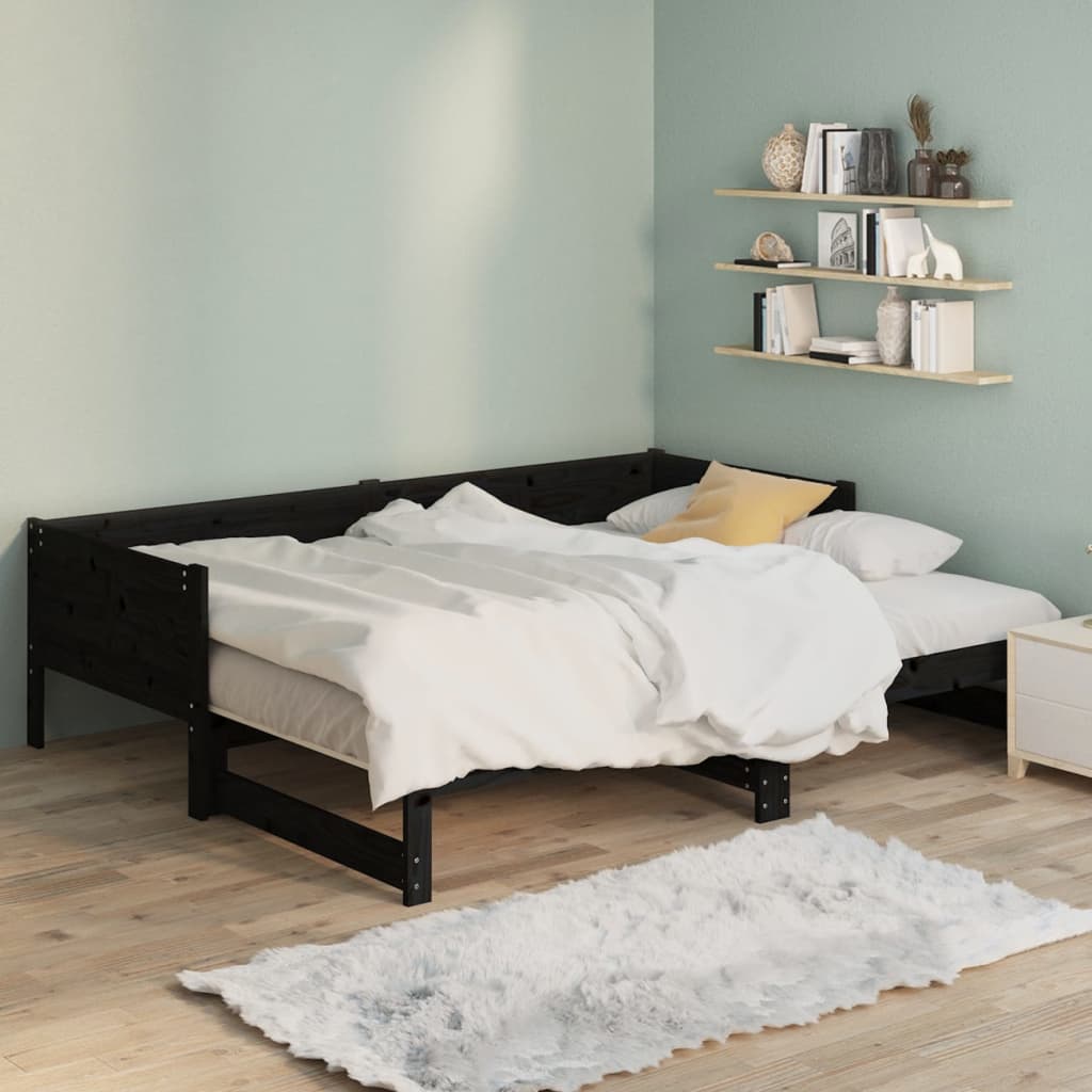 fekete tömör fenyőfa kihúzható kanapéágy 2x(90x200) cm
